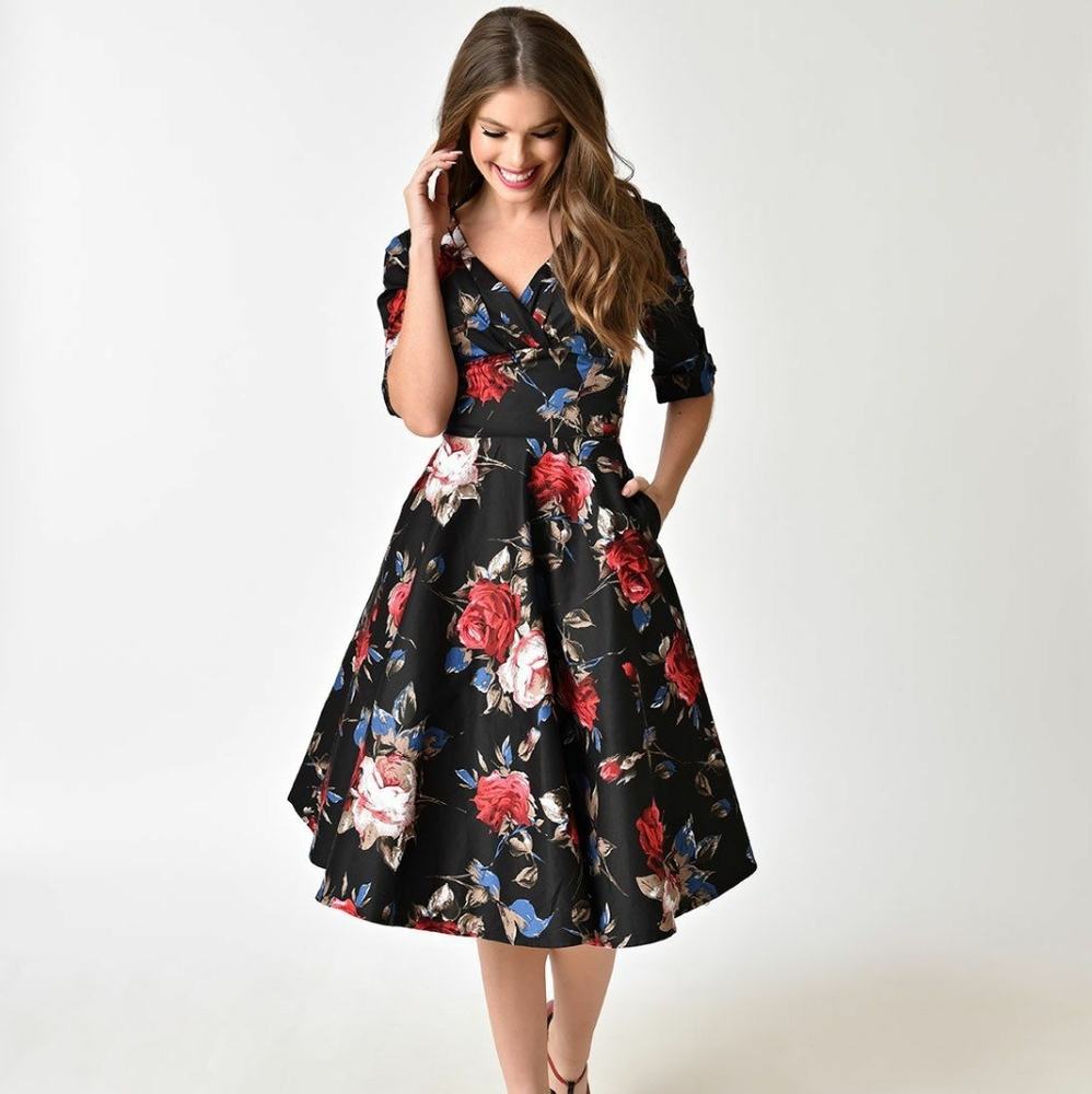Discontinued Unique Vintage Black Floral Dress